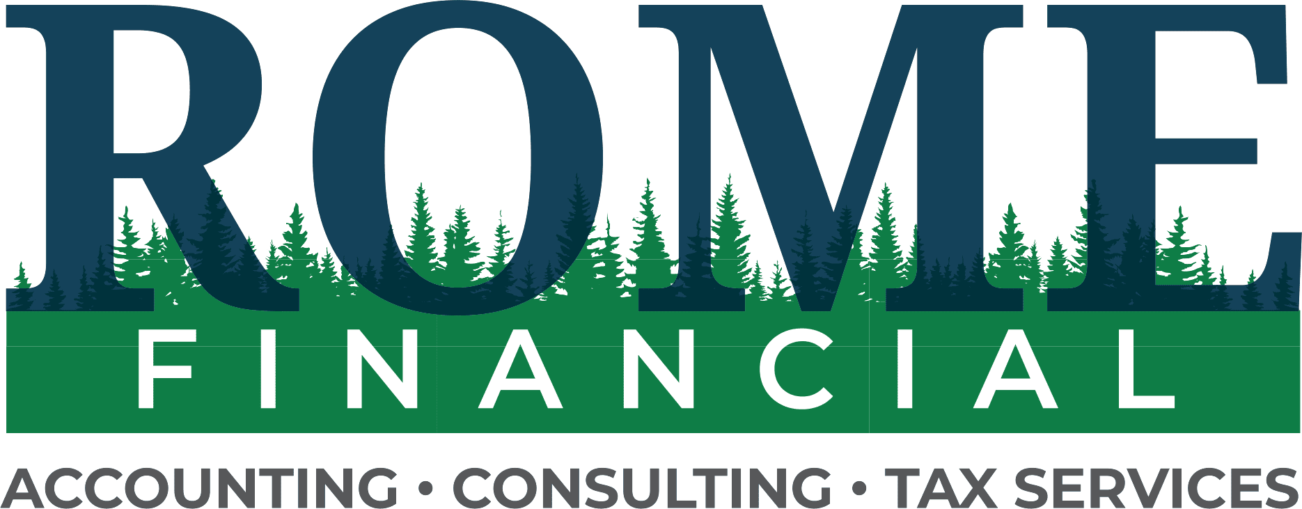 logo Logo for Rome Financial with green trees in the background and the words "Accounting • Consulting • Tax Services" below the company name.
